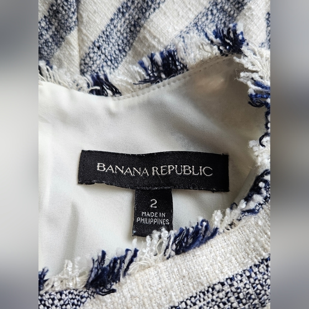 Banana Republic Tweed Tassle Asymmetrical Hem Belted Blue/Cream Stripe Dress 2 - Picture 6 of 7